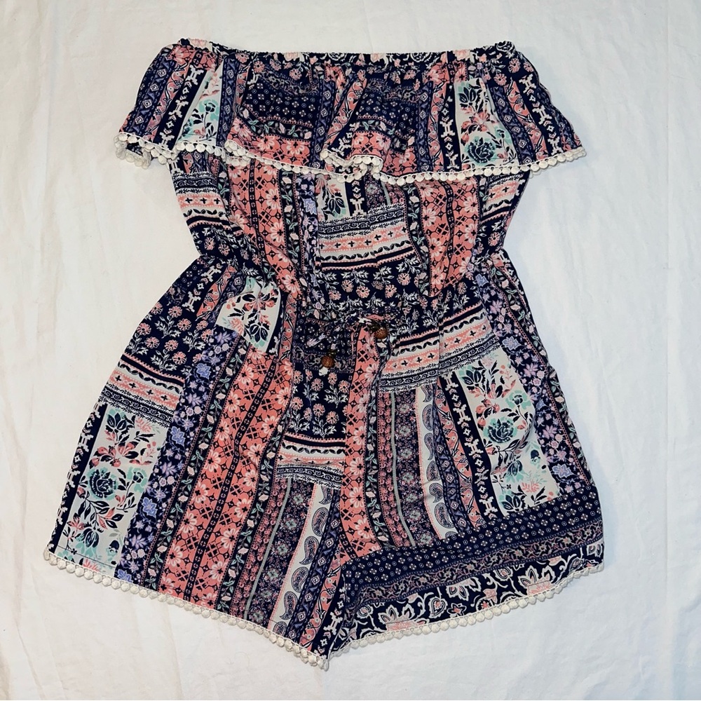 Jolt Floral Print Blue, Pink, & White Women’s Strapless Romper Size Small